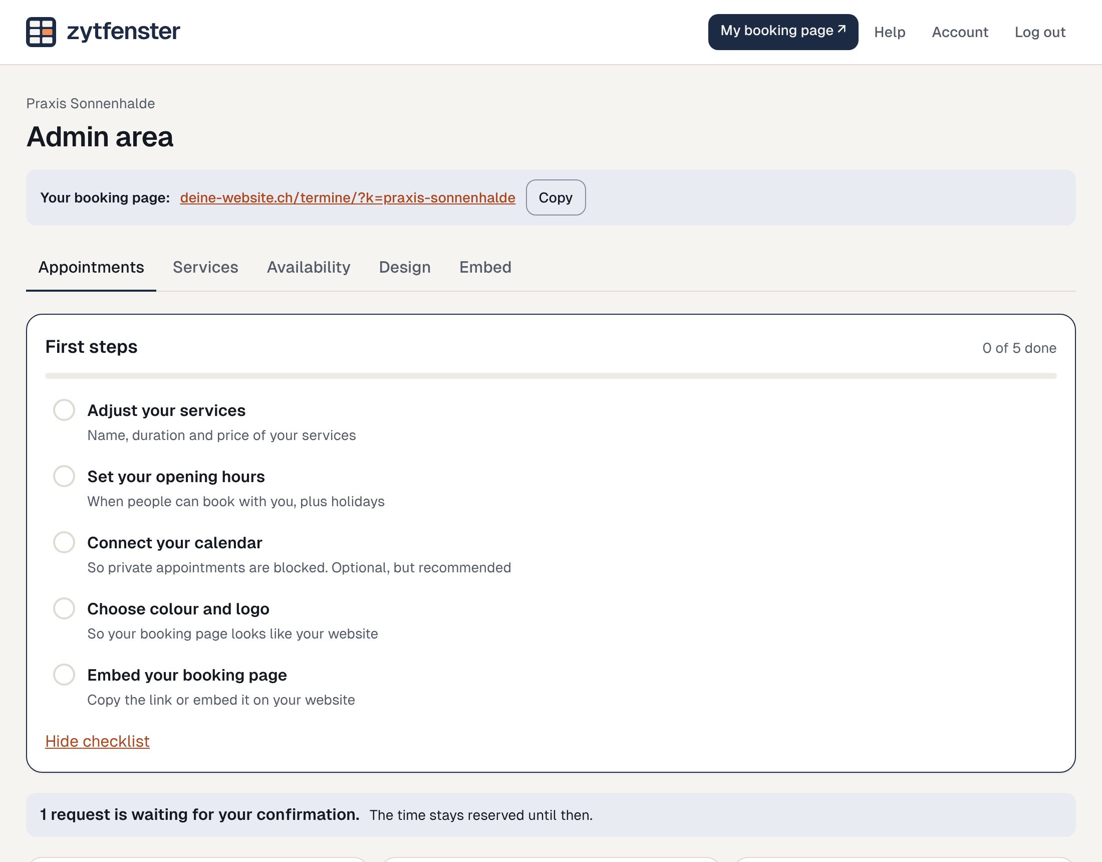 The admin area with the checklist for the first steps