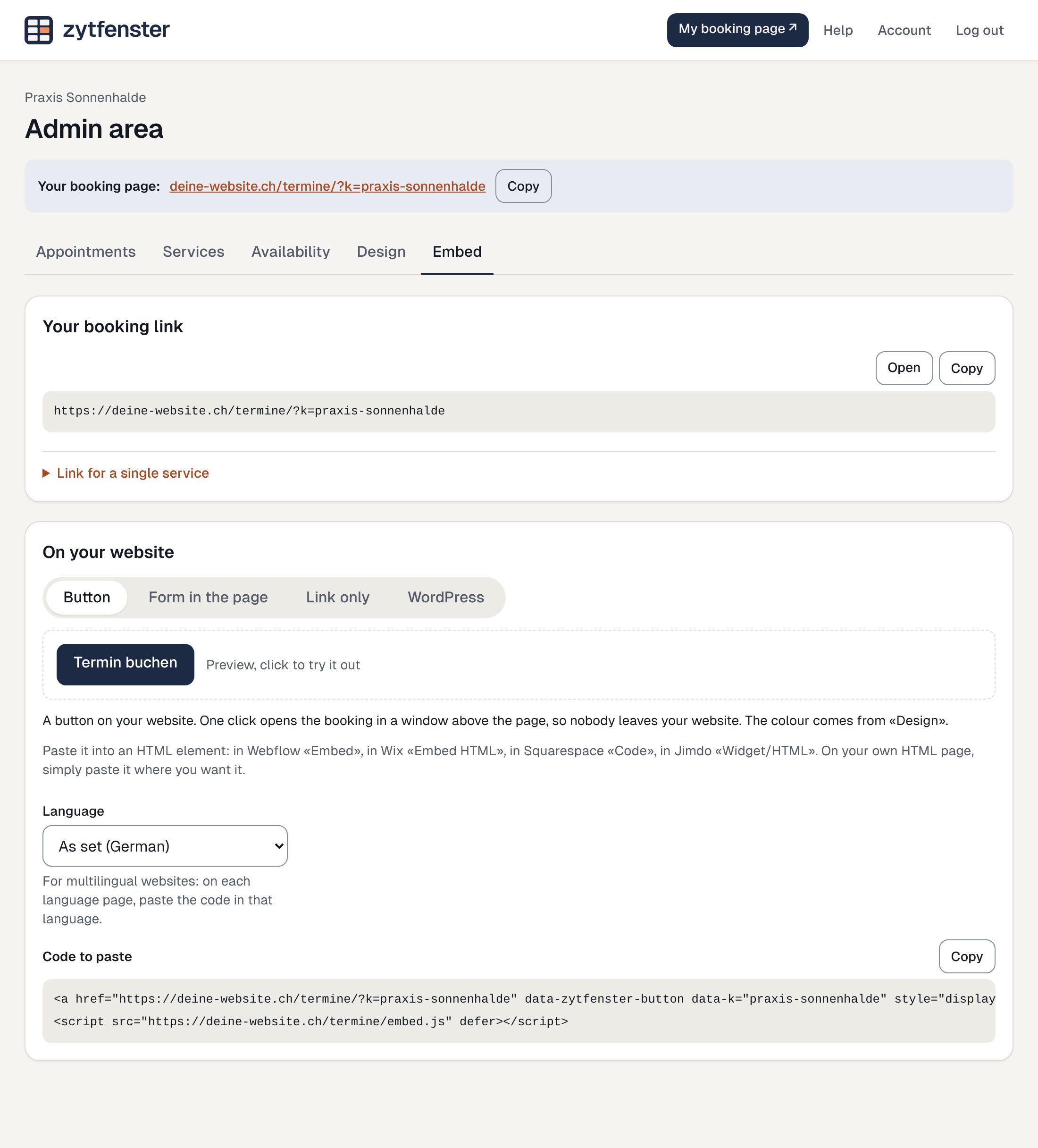 The Embed section with link, button, form and code