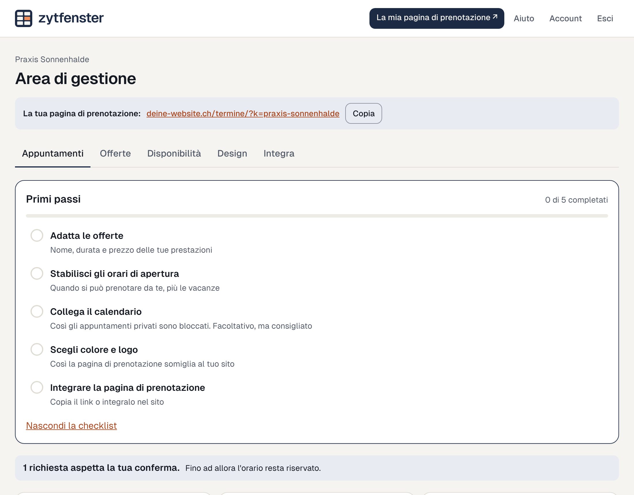L’area di gestione con la checklist per i primi passi