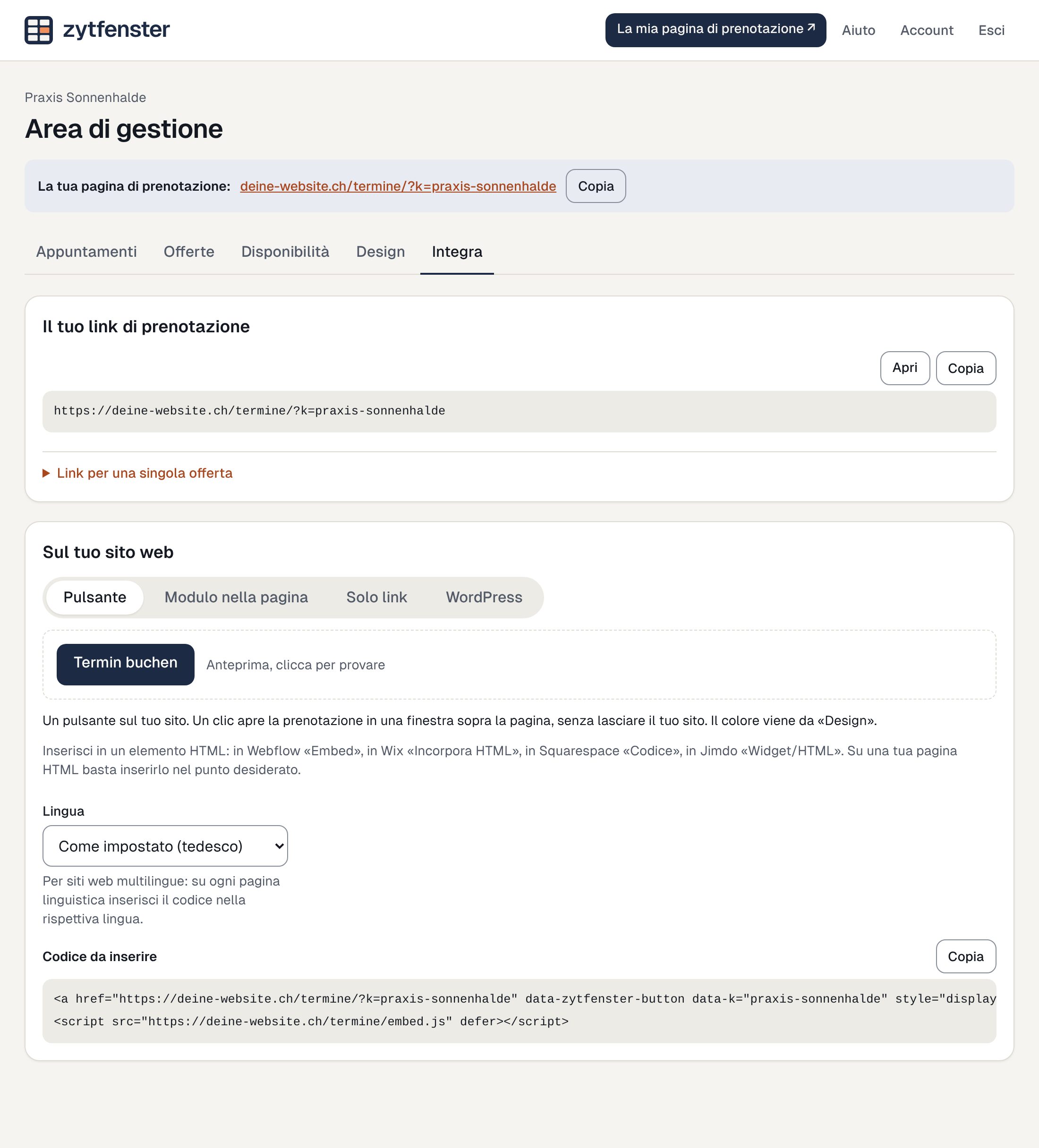 La sezione «Integra» con link, pulsante, modulo e codice