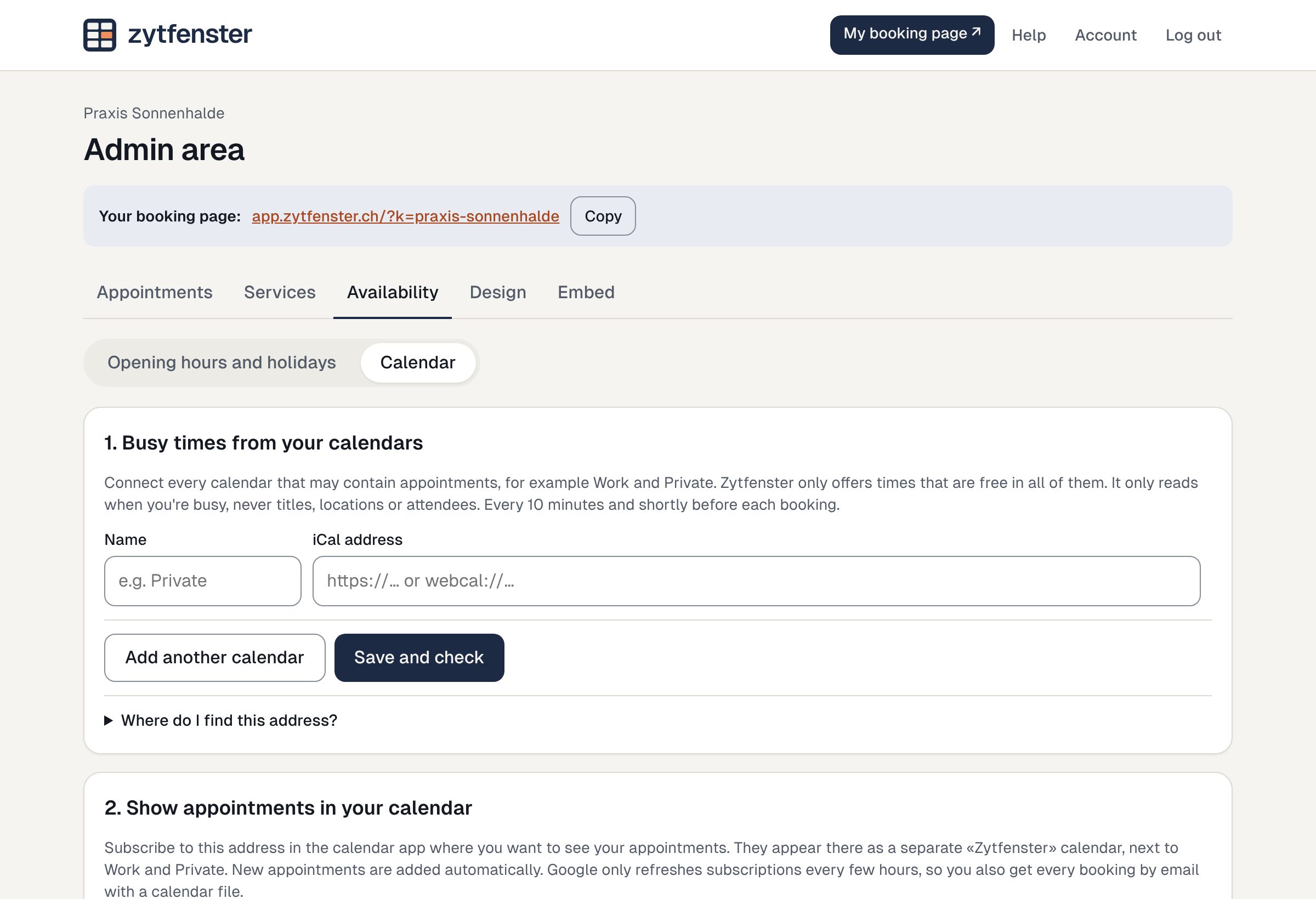 Admin area, connected calendars and calendar subscription