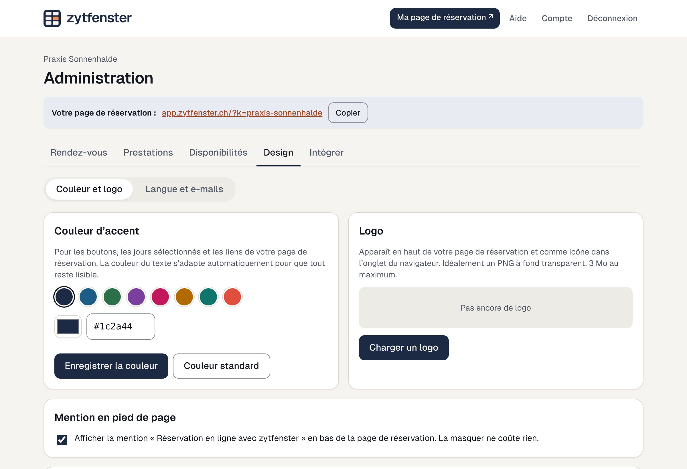 Administration, onglet Présentation avec couleur, logo et aperçu