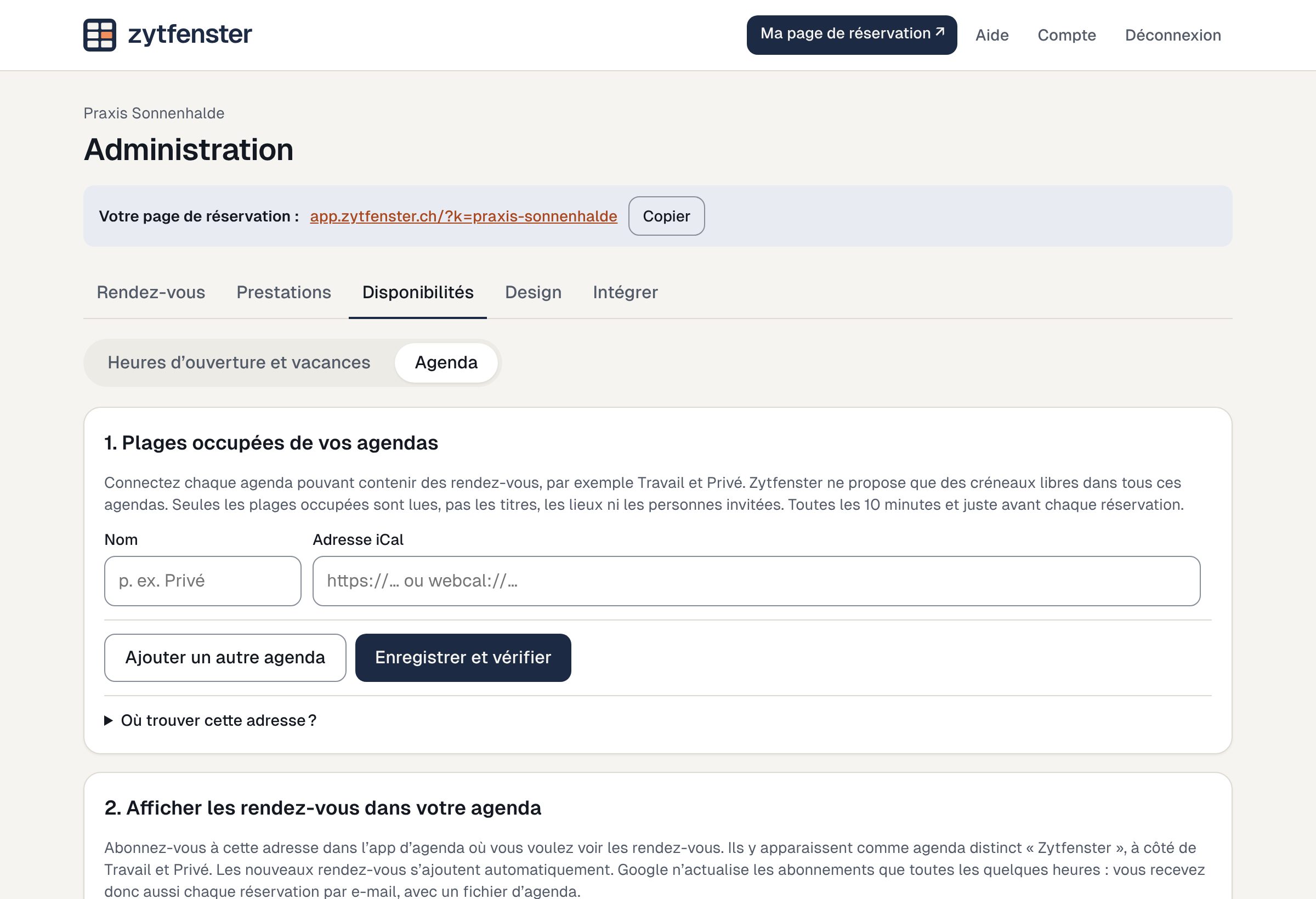 Administration, agendas connectés et abonnement d’agenda